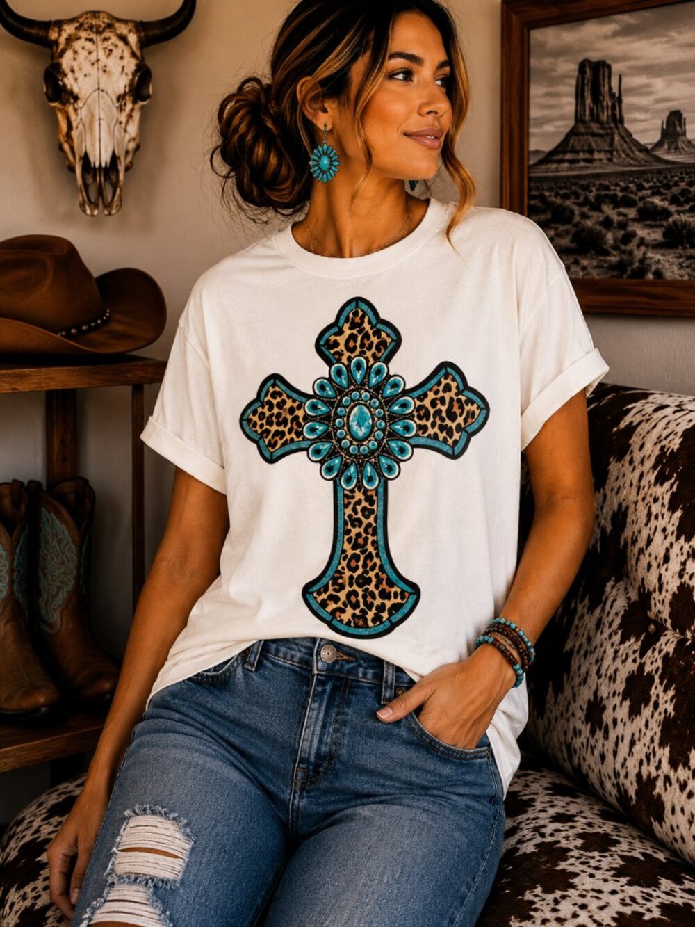 Leopard Print Western Cross Graphic T Shirt Trendy Boutique Style Tee Women